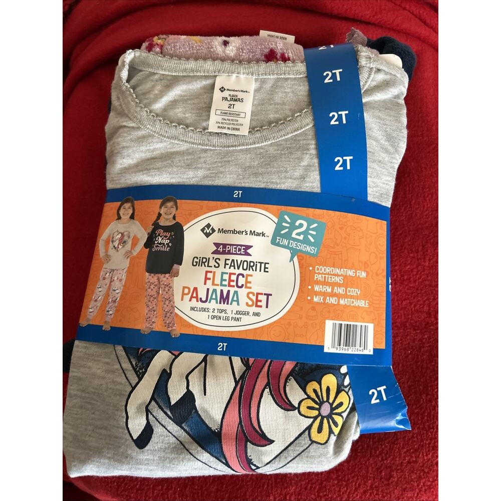 MEMBER'S MARK Girls' 4 Piece Fleece Pajama Set Unicorn 2T